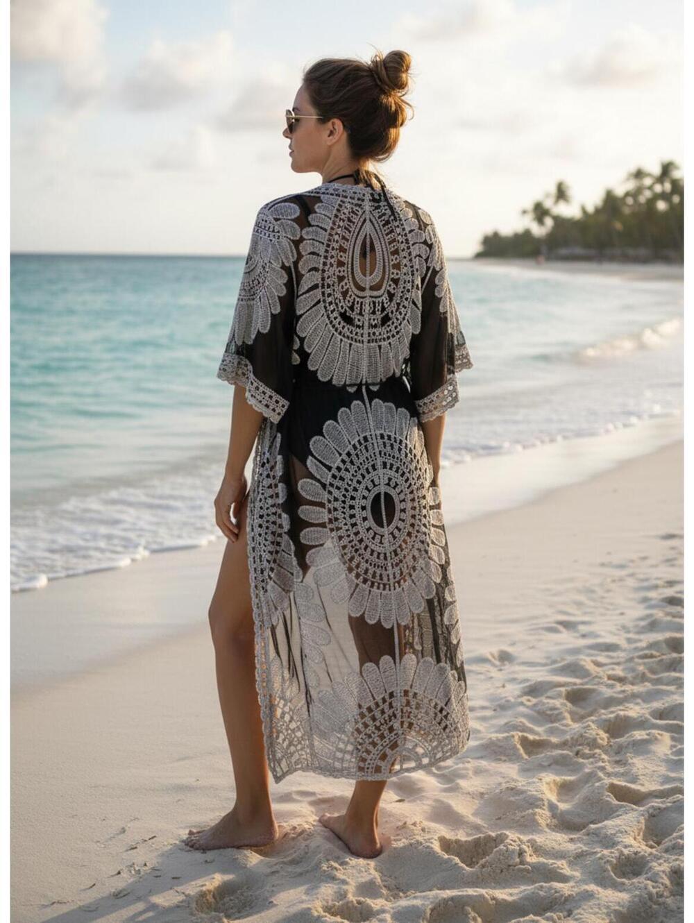 CUPSHE Black and White Lace Kimono Cover-Up Large